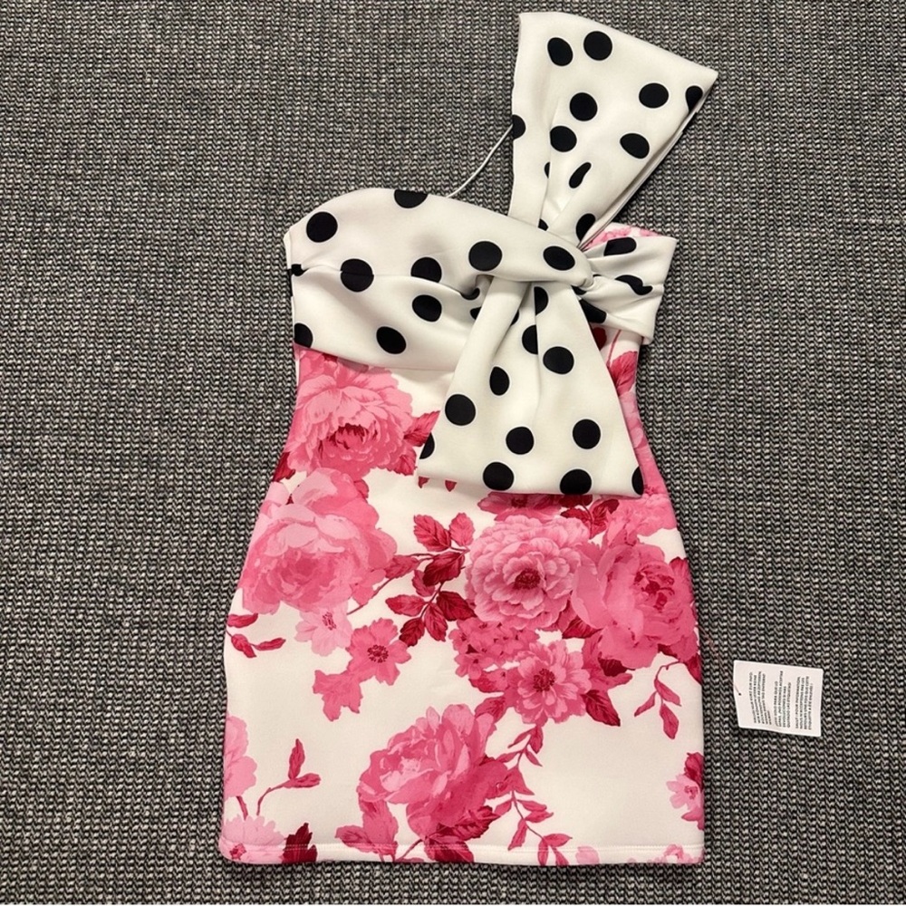 ASOS White Mini Dress with Black Polka Dots and Pink Floral Print